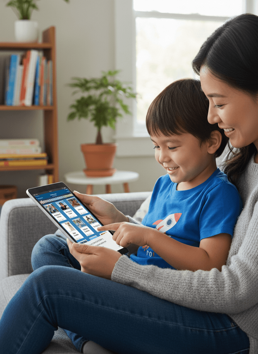 Parent and child exploring books together on a tablet in a bright home